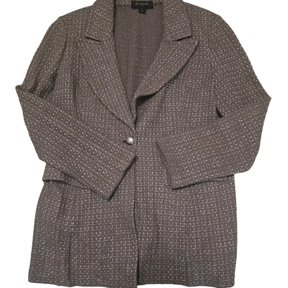 St. John - Taupe & Tan Woven Knit Longline Jacket Sz 12 Excellent pre-owned cond